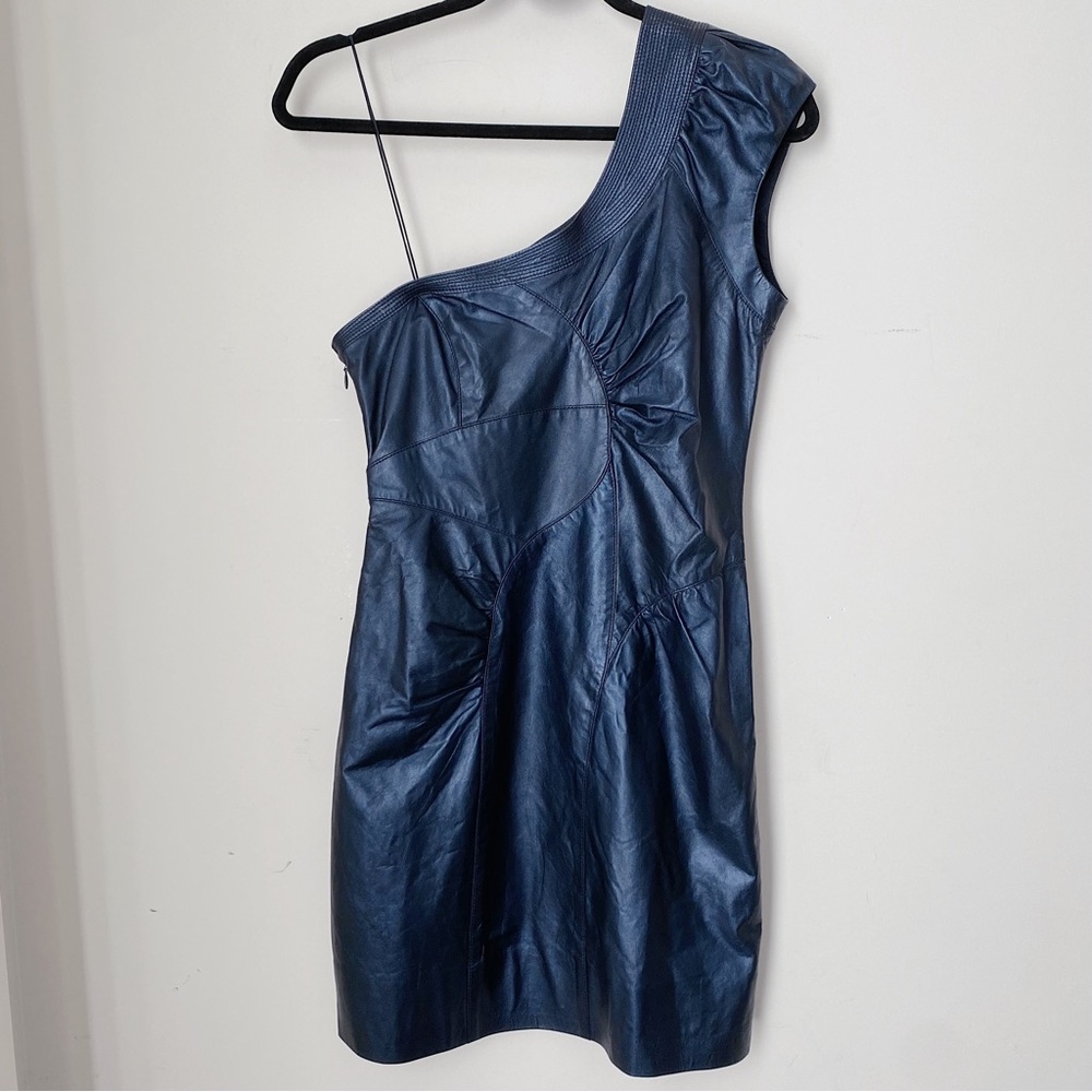 Richard Chai RTW One Shoulder Ruched Blue Leather Party Dress Silk Lined 4 USA